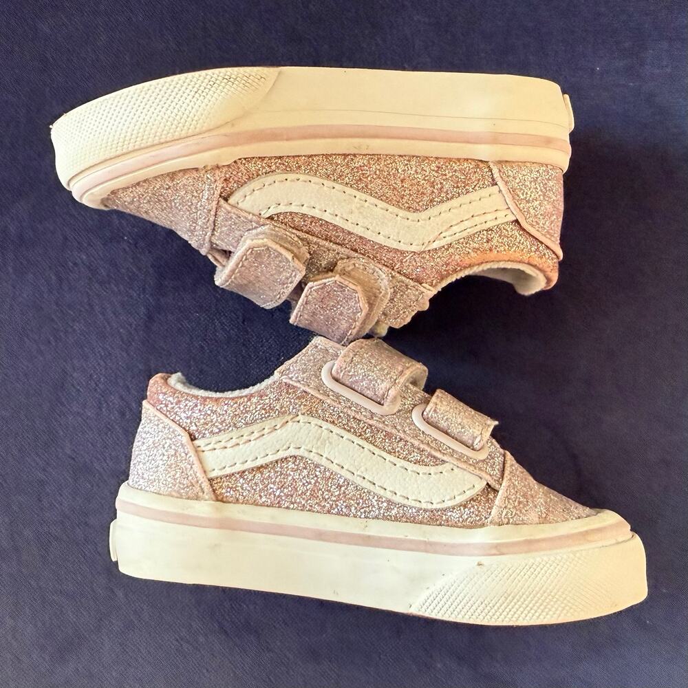 Vans Toddler Old Skool V Glitter Sneakers - Rose Gold Pink Size 4 - Picture 5 of 10
